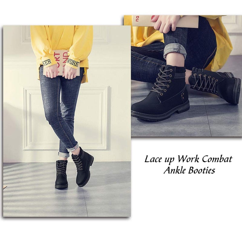 Athlefit Women's Work Waterproof Hiking Combat Boots Lace up Low Heel Booties Ankle Boots Size 8.5 Black - Image 3